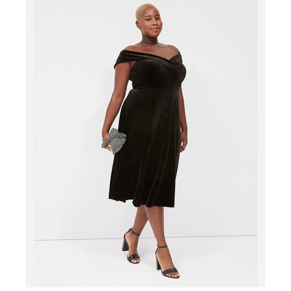 NEW Lane Bryant Midi Swing Dress Velvet Off the Shoulder Black 24 Cocktail Party